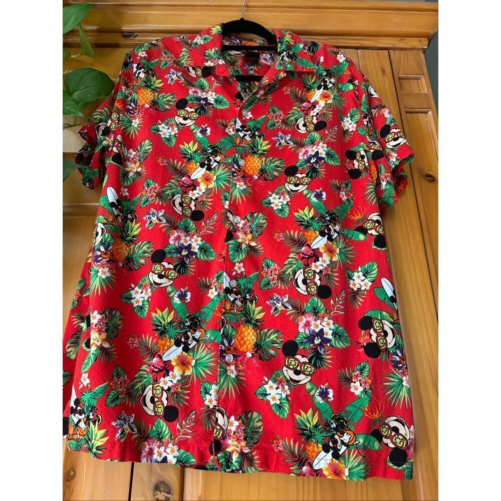 Disney Mickey Mouse Tropical Hawaiian Shirt – Red Floral Pineapple Print – Men’s